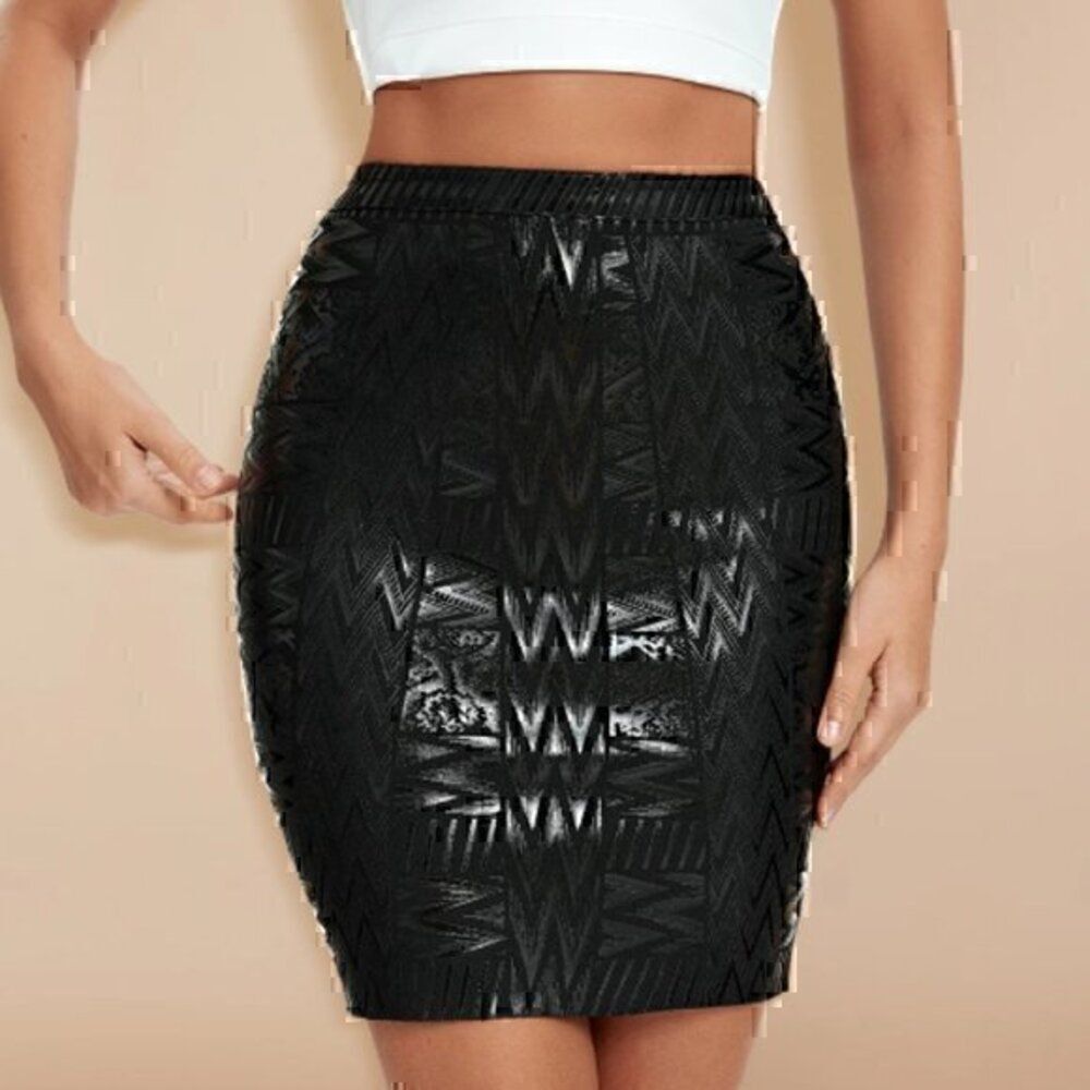Black Metallic Leather Bandage Skirt Geometric Mini Bodycon High Waist Skirt S